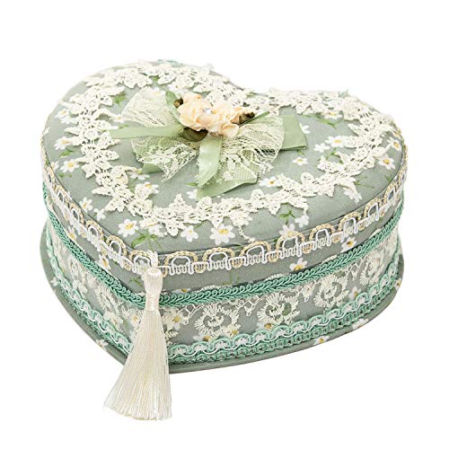 Terraneos Heart Shape Retro Jewelry Box with Mirror Tassel Ancient Ring Necklace Organizer 67X6X23 Handmade Heart Shaped Case Flower Lace Fabric Organizer Christmas Thanksgiving gifts Caddy Green