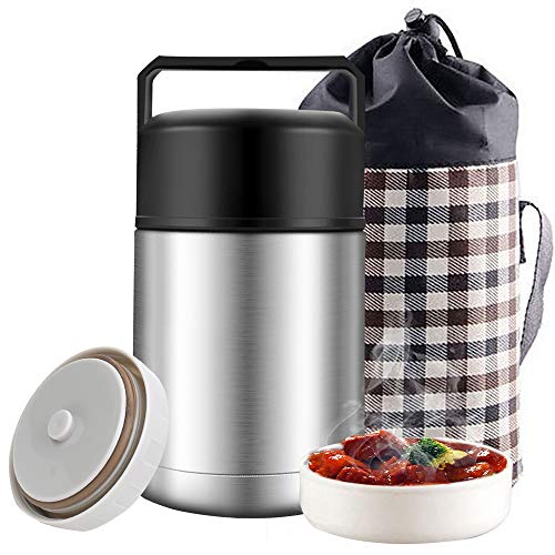 Insulated Food Jar 33oz Food Thermos for Hot Cold Food Stainless Steel Vacuum Insulated Thermal Lunch Container Lunch Box with Lunch Bag HandleLeak Proof Wide Mouth for Kids Adult Silver