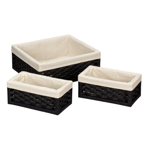 Household Essentials ML-7022 Set of Three Wicker Storage Baskets with Removable Liners  Paper Rope Black Stain