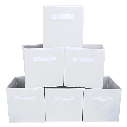 Set of 6 Foldable Fabric Basket Bin EZOWare Collapsible Storage Cube For Nursery Office Home Dcor Shelf Cabinet Cube Organizers - White