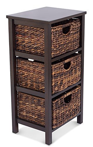 BirdRock Home Seagrass Cubby Dresser  3 Drawer Bins  Decorative Wood Storage Cubbies Shelf Organizer  Industrial Furniture Chest Basket  Espresso