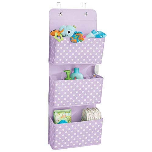 mDesign Soft Fabric Wall MountOver Door Hanging Storage Organizer - 3 Large Pockets for ChildKids Room or Nursery Hooks Included - Textured Print - Light PurpleWhite Polka Dots