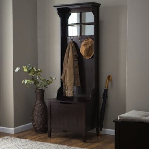 Espresso Entryway Mini Hall Tree with Mirror Coat Hooks and Storage Bench