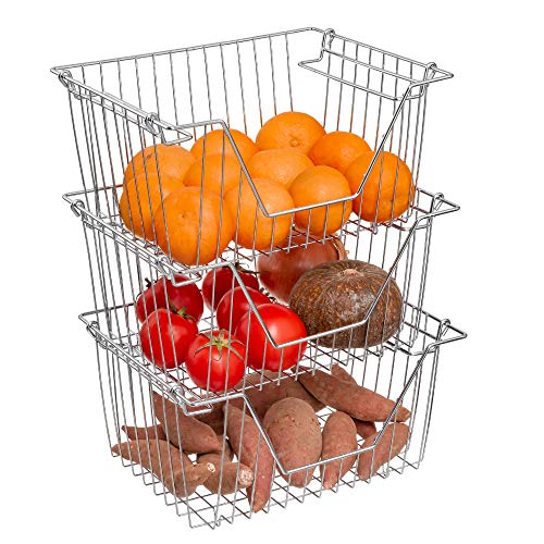 Homics Stackable Wire Baskets Steel Metal Wire Storage Baskets Organizer Bins with Handles for Household Kitchen Cabinets Closets Pantry and Shelf - 3 Pack