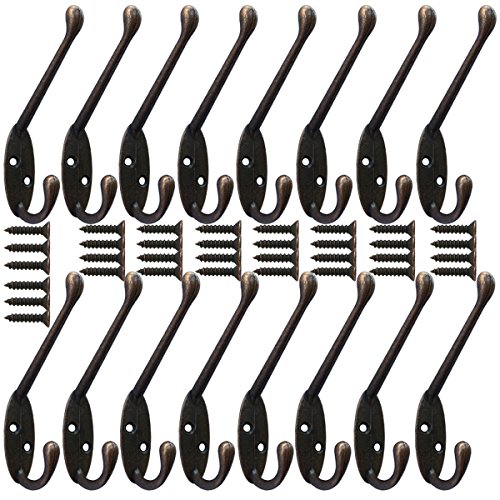 16 Pieces Dual Hook Double Prong Hook Robe Coat Hat Hook Retro Wall Mounted Decorative Cloth Hanger with 34 Pieces Screws