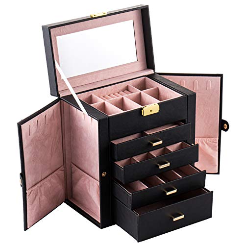 HomVent Wooden Jewelry Cabinet with Makeup Dressing Mirror 5 Storage Drawers 2 Doors with Hook Jewelry Organizer Faux Leather Lockable Jewelry Case Box Black