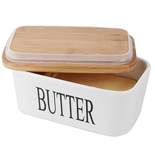 SZUAH Porcelain Butter Dish500mlLarge Butter Keeper Container with Natural Bamboo Lid Seal Ring
