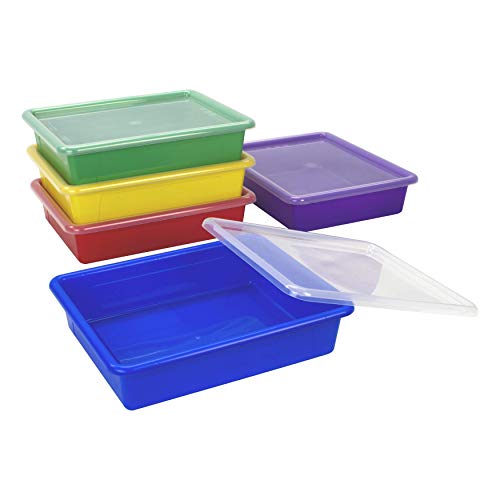 Storex Flat Storage Tray with Lid Letter Size 10 x 13 x 3 Inches Assorted Colors 5-Pack 62534U05C