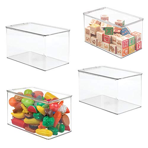 mDesign Stackable Closet Plastic Storage Bin Box with Lid - Container for Organizing ChildsKids Toys Action Figures Crayons Markers Building Blocks Puzzles Crafts - 7 High 4 Pack - Clear
