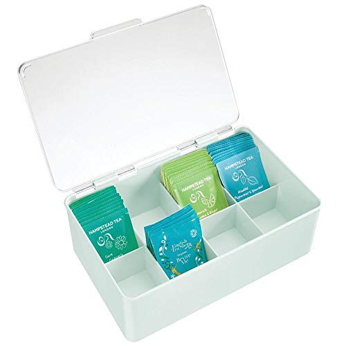 mDesign Stackable Plastic Tea Bag Holder Storage Bin Box for Kitchen Cabinets Countertops Pantry - Organizer Holds Beverage Bags Cups Pods Packets Condiment Accessories - Mint GreenClear
