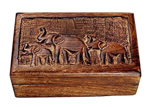 Store Indya Country Style Wooden Jewelry Trinket Keepsake Storage Box Organizer Multipurpose with Hand Carved Elephant Design
