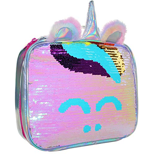 Lunch Boxes Mingdou Insulated Lunch Bog For Girl and Women Lunch Cooler Tote Reversible Sequin Flip Color Change Fashion Lunch Tote with two lovely Plush ears