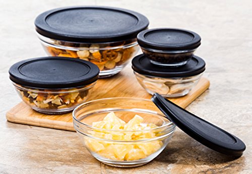 Multi Purpose Glass Bowls Food Storage Containers Set - 10 Pc Glass Kitchen Containers w Snap Tight Lids Black