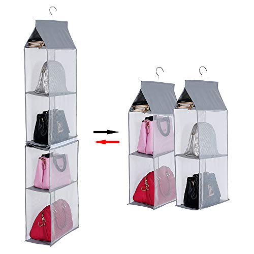 KEEPJOY Detachable Hanging Handbag OrganizerPurse Storage Bag for Closet with 4 Shelves Storage Purse Holder for Wardrobe Closet Space Saving Purse Organizers SystemGray
