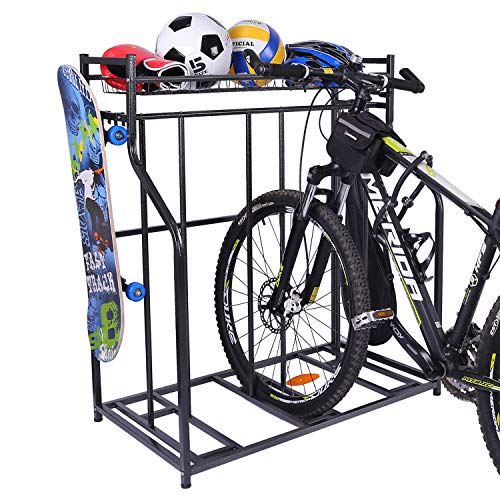 Mythinglogic Bike Rack Bicycle Holder with Baskets Collection Organizer and 4 Hooks 3 Bicycle Floor Parking Stands Bike Storage Stand Bike Rack Garage Free Standing Bike Rack Indoor Bike Rack
