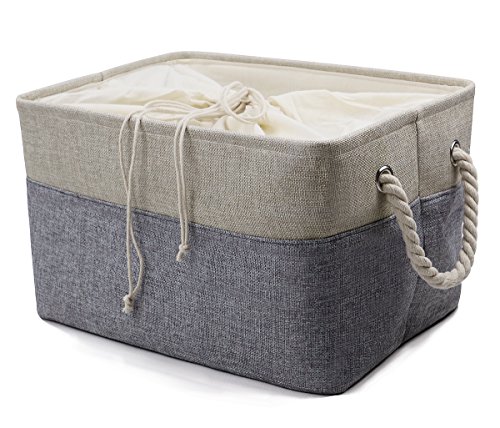 Natural Linen Folding Storage Baskets with Cotton Closure for Toys Cloth Organizer Book Storage Storage Cube for Shelf Gray