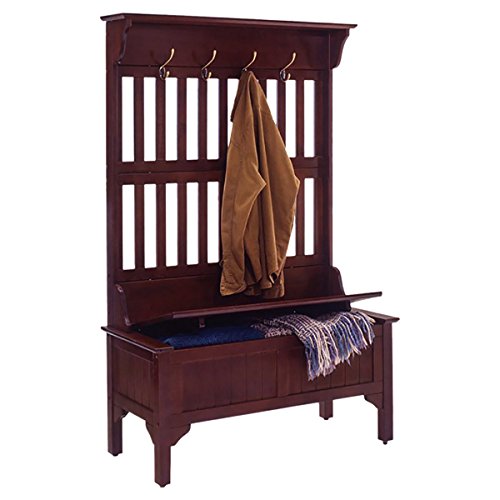 Cottage Style Hall Tree Storage Bench With Heavy Duty Brass Coat Hooks And Lacquer Finish plus FREE GIFT Cherry