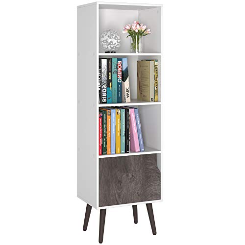 Homfa 4 Tier Floor Cabinet Free Standing Display Bookshelf with 4 Legs and 1 Door Side Corner Storage Cabinet Decor Furniture for Home Office White and Wood Grain