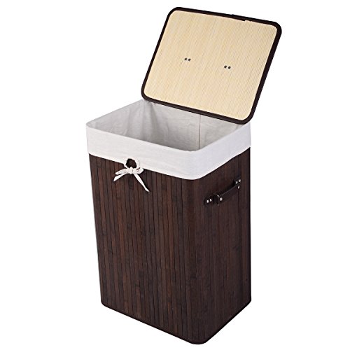 GOFLAME Bamboo Laundry Hamper Portable Dirty Clothes Storage Basket with Lid and Removable Liner Large Storage Clothes Bin with Handles Suitable for Bedroom Bathroom Kids Room Brown