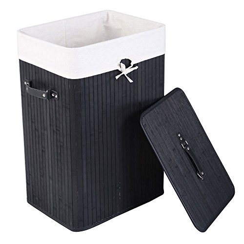 Trustkate Home Bamboo Laundry Hamper Bamboo Folding Cloth Storage Basket Dirty Clothes Hamper with Lid and Cloth Liner Collapsible Washing Cloth Bin Black Single Lattice