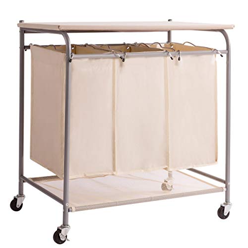 HollyHOME 3-Bag Heavy-Duty Rolling Laundry Sorter Laundry Cart with Ironing Board Laundry Room Organizer with Wheels Beige