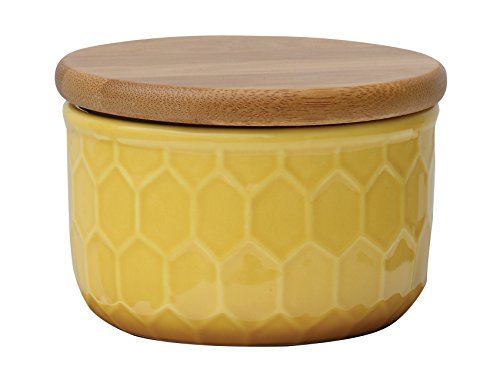 Creative Co-op Ceramic Canister with Honeycomb Wood Lid Yellow Medium