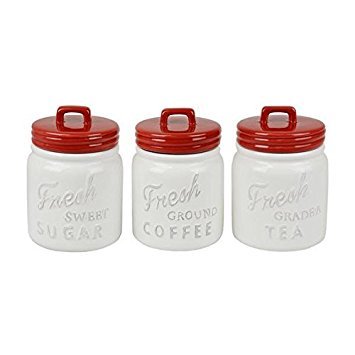 Design Imports 3 Red White Ceramic Canisters Coffee Tea Sugar