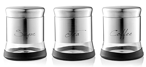 Home Fashions Elegant Tea Coffee and Sugar Glass Storage Canisters Set Stainless Steel Jackets with Airtight Lid Set of 3 Flat Lid