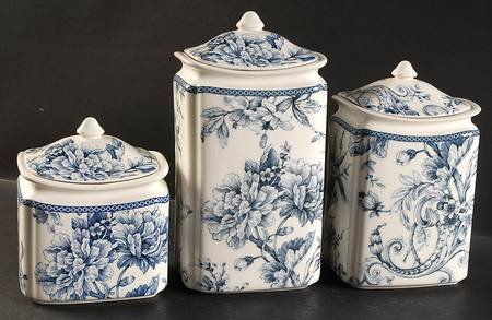 222 Fifth Adelaide Blue White Set of Three Different Size Beautiful Canisters with Lids