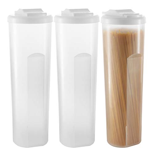 Pack of 3 - Airtight Pantry Organization Pasta Storage Containers - Spaghetti Containers with White Measuring Cap - Pasta storage Tall Canister with Lids - Kitchen Storage Clear Containers - BPA Free