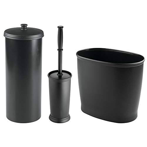 mDesign Modern Plastic Bathroom Storage and Cleaning Accessory Set - Includes Bowl Brush 3-Roll Toilet Paper Canister with Lid Wastebasket Trash CanGarbage Bin - 3 Pieces - Black