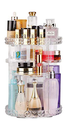 V-HANVER Acrylic Makeup Organizer Cosmetic Storage and Vanity Perfume Organizers in Countertop Bathroom Dresser 360 Rotating Makeup Holder Stand for Beauty Caddy Skincare Clear Diamond Pattern