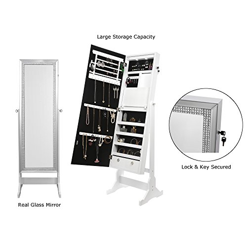 Inspired Home Sparkle Full Length Jewelry Cheval Armoire Mirror Makeup Storage Organizer Crystal Border Lockable with LED Lights Pristine White