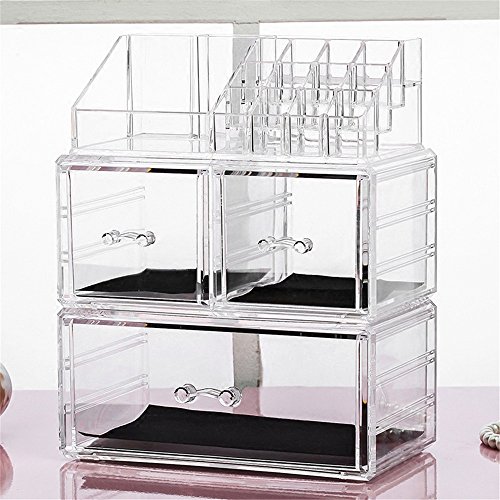 Sooyee Acrylic 3 Drawers and 16 Grid Cosmetics Makeup Organizer and Jewelry Storage Case Display SetThree Pieces Set Lipstick HolderClear95x6x12 inch 