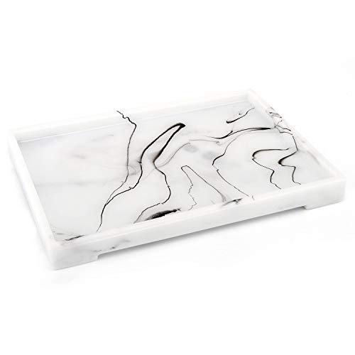 Luxspire Vanity Tray Toilet Tank Storage Tray Resin Bathtub Tray Bathroom Tray Marble Pattern Tray Vanity Organizer for Tissues Candles Soap Towel Plant etc - Large Size - White Marble