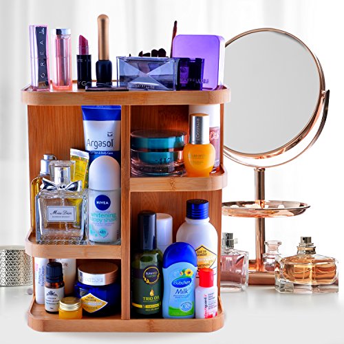 Refine 360 Bamboo Makeup and Cosmetic Organizer Storage Carousel for vanity bathroom closet kitchen tabletop countertop desk