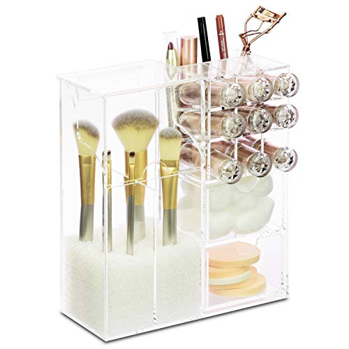 Ikee Design Clear Acrylic Makeup Organizer Case with Beads Makeup Brush Holder Storage Display Box Acrylic Makeup Vanity Organizer Case Cosmetic Brush Storage with Lid Holds 9 Lipsticks