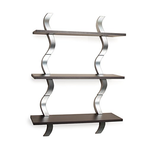 Danya B WL-A01 Contemporary Waves 3-Level Floating Shelving System - WalnutSilver Finish - Hanging Shelves for Wall Silver Floating Shelf