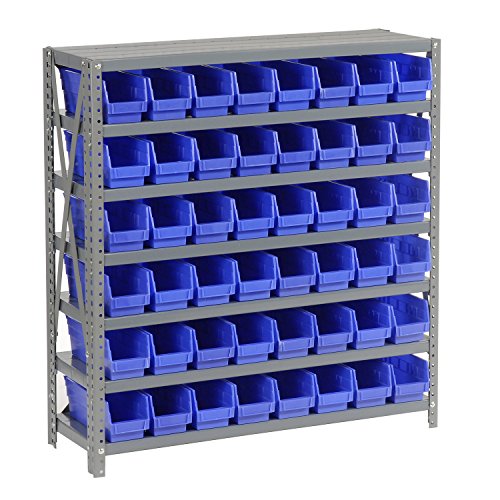 7 Shelf Steel Shelving with 48 4H Plastic Shelf Bins Blue 36x12x39
