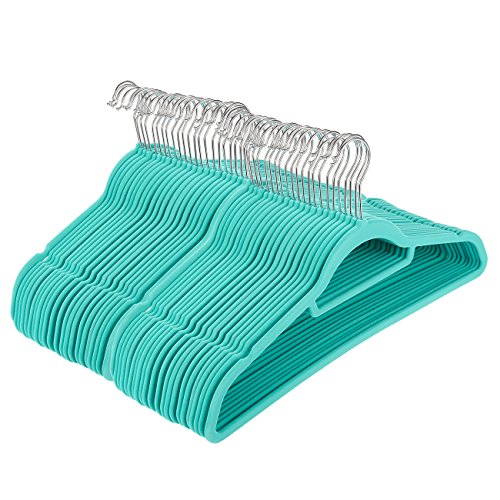 Teal Velvet Hangers with Accessory Bar - Perfect for Shirts Dresses and Delicate Clothing - Non-Slip Velvety Smooth Texture - Slim Space Saving Design- 50 Pack Set with Pink Bonus Hanger- 18 Inches