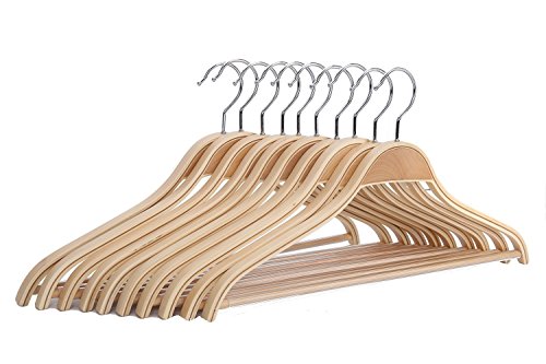 JS Hanger Solid Natural Wooden Coat Shirt Hangers with Non-slip Pant Bar 10-Pack