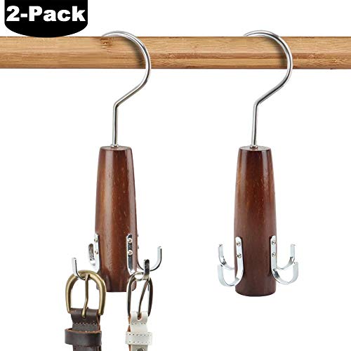 HangerSpace Belt Tie Rack Scarf Hanger for Closet 2 Pack Swivel Hook Easy OnOff Space Saving Organizer Sturdy Wood Holder for Scarves Belts Ties and Accessories Walnut