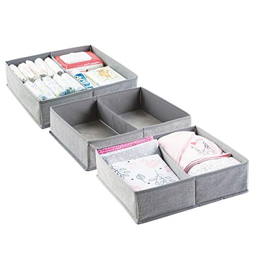 mDesign Soft Fabric Dresser Drawer and Closet Storage Organizer Bin for ChildKids Room Nursery Playroom - Divided 2 Section Tray - Textured Print 3 Pack - Gray