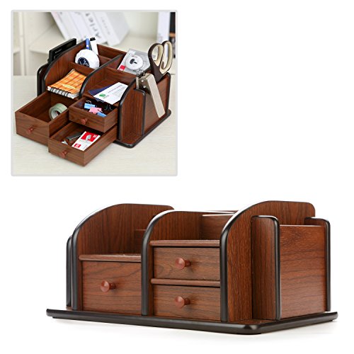 MyGift Classic Brown Wood Office Supplies Desk Organizer Rack with 3 Drawers 3 Compartments 2 Shelves
