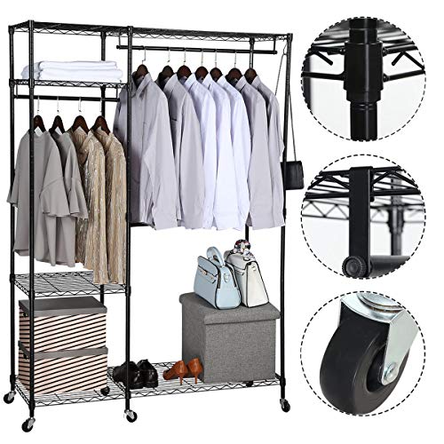 BRIAN DANY Free-Standing Closet Garment Rack Heavy Duty Clothes Wardrobe Rolling Clothes RackCloset Storage Organizer with Hanger BarContains 10 s HooksBlack