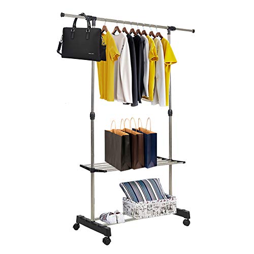 LUCKYERMORE Rolling Clothing Rack Single Rod Height Length Adjustable Hang Garment Rack with Top Rod and 2 Storage Shelf