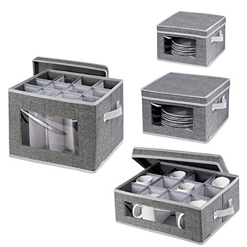 China Storage Box for DinnerwareTea Cups and Mugs with Lid and Handles Primum Polyester fabric with Felt Plate DividersSet of 4 Grey
