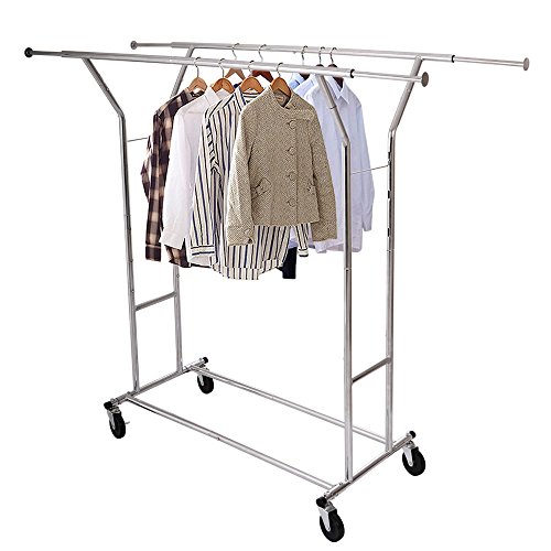 Civigrape Portable Double-Bar Clothes Rack Expandable Heavy Duty Double Rails Clothes Garment On Rolling Wheels Commercial Grade Hanging Clothes Organizer Stand