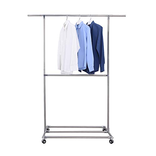 SUNPACE Clothes Garment Rack Heavy Duty 2 Tier Adjustable Rolling Clothing Rack on Wheels Multi-Function Hanging Rack Stainless Steel