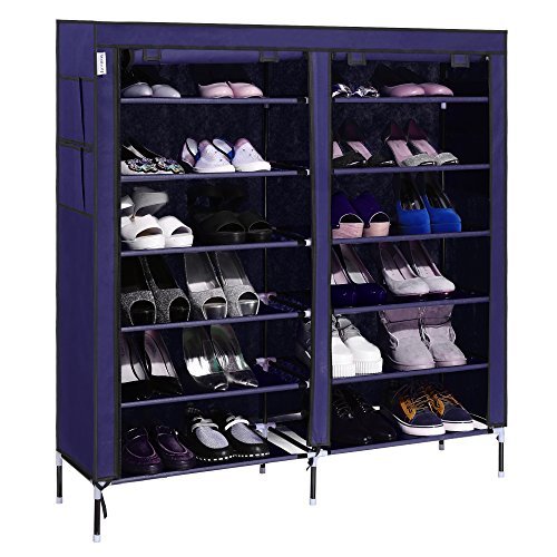Asatr 6 Tiers 2 Rows Portable Shoe Rack Closet with Fabric Dustproof Cover Shoe Storage Organizer Cabinet Navy Blue